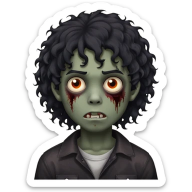 Boy, zombie, black curly wavy hair, medium long, round shaped hair, emo, dark, spooky, creepy expression sticker