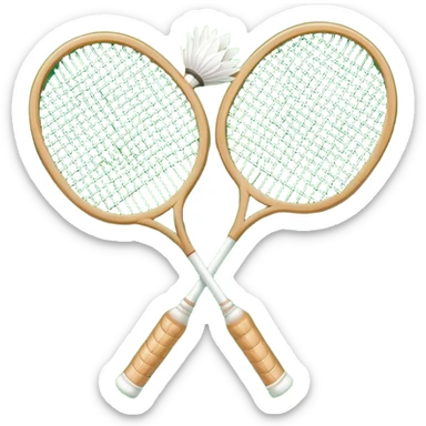 Two crossed badminton rackets with a shuttlecock resting in between, set against the faint outline of a badminton court. The image highlights the tools of the sport, with a subtle emphasis on the court's net and boundaries, symbolizing competition and skill. sticker