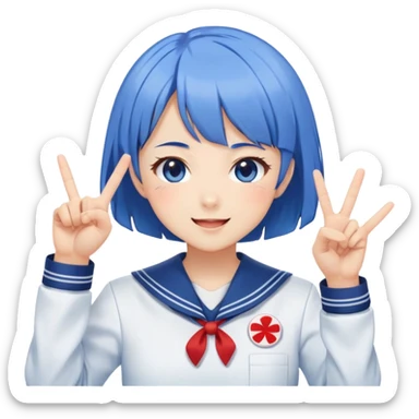 Energetic anime girl with short blue hair wearing Japanese sailor style school uniform, winking and making double peace signs, very cheerful and bubbly, kawaii style sticker