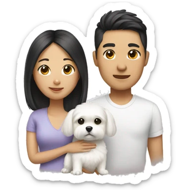 an asian couple with a small white fluffy dog sticker