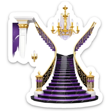 Luxurious black marble hallway stairs with gold and white accents  with purple crystals in chandelier sticker