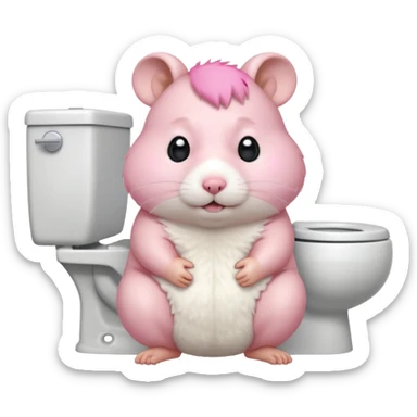 Cute chubby cartoon-style hamster sitting on toilet pooping looking as if he had an accident sticker