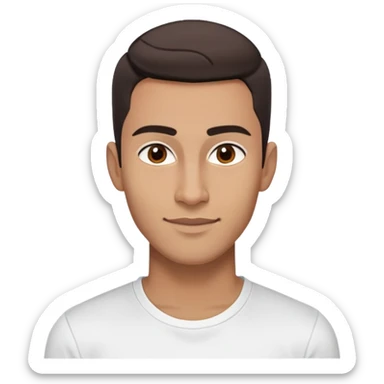 Energetic dancer-like man in his late 20s with light brown complexion, elongated face, fine jawline, high cheekbones, intense brown eyes, medium eyebrows, straight narrow nose, expressive friendly smile, short dark hair styled fresh and modern, vibrant pose, wearing a white fitted athletic shirt sticker