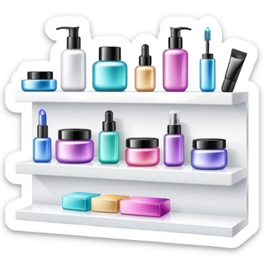 a white shelf with few beauty products and sparkles sticker