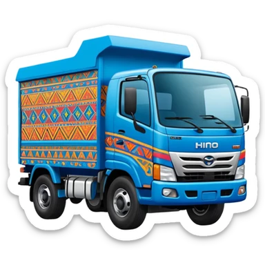 Emoji style illustration of a Hino 500 truck, colorful Peruvian decorative truck art, bright blue body, Andean patterns and vibrant painted details, bold outlines, flat vector style, clean shading, sticker design, centered, white or transparent background, high detail, cartoon style sticker