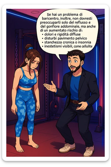TRASFORMA QUESTO CAROSELLO IN UN FUMETTO STILE WEBTOON/MANGA A COLORI CON QUESTE DUE PERSONE IDENTICHE CHE INTERLOQUISCONO TRA LORO, L'uomo sta spiegando alla donna questo concetto:

Se hai un problema di baricentro, inoltre, non dovresti preoccuparti solo del reflusso e del gonfiore addominale, ma anche di un aumentato rischio di:
    • dolori e rigidità diffuse
    • disturbi pavimento pelvico
    • stanchezza cronica o insonnia
    • inestetismi visibili, come celluluite
    • etc… sticker