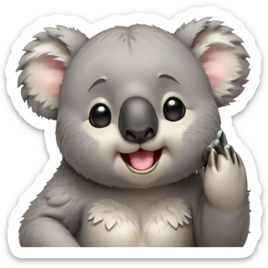 Cinematic Cute Yawning Koala Portrait Emoji, Head tilted slightly with a dramatic, wide-open yawn, showcasing a soft, downy grey fur with drooping ears and round eyes barely open in drowsy contentment, Simplified yet irresistibly adorable features, highly detailed, glowing with a soft, cozy glow, high shine, relaxed yet expressive, stylized with a touch of gentle whimsy, bright and endearing, soft glowing outline, capturing the essence of a sleepy yet affectionate koala, so drowsy it feels like it could stretch out of the screen and curl up for a nap! sticker