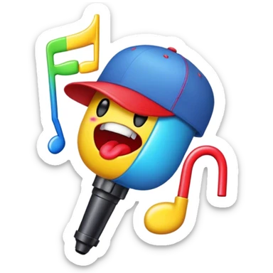 Create a vibrant and creative emoji that represents beatboxing. The design should feature a microphone with a cap placed on top, with oversized lips peeking out from under the cap. From the lips, bass clefs should be flying out, along with a variety of musical instruments (like a drum, electric guitar, and piano keys) to symbolize the blend of rhythm and creativity in beatboxing. Use bold, energetic colors like neon red, yellow, and blue to capture the lively and street-savvy essence of beatboxing. The background should be transparent. sticker