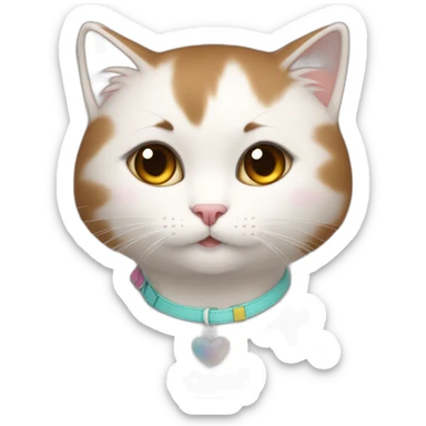 A girl with short brown straight hair and on her left shoulder and neck lies a white fluffy cat with eyes of different colors sticker