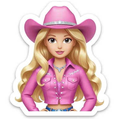 Cowgirl blonde Barbie model, long shiny hair, sparkly pink outfit sticker