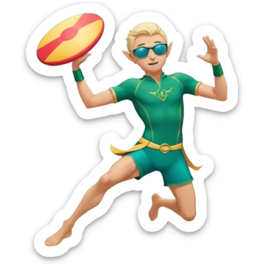 elf male legolas mid-action throw, launching a frisbee woven from pure sunlight, wearing sporty teal swim shorts and performance sunglasses, athletic pose, pointy ears, dynamic motion lines, beach sky backdrop, centered emoji sticker