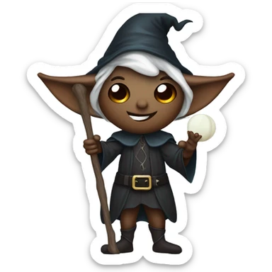 Elf dark sorcerer with a crescent moon hat, holding a bat, Halloween theme, emoji sticker