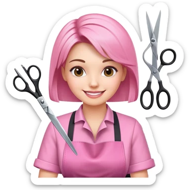 smiling woman client in pink apron sitting in salon chair, female hairstylist smiling behind with scissors sticker