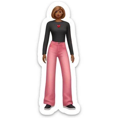 Realistic long Wide leg high waisted pink jeans with small red heart print, isolated sticker