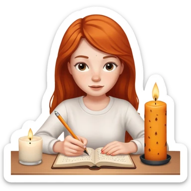 pretty young woman with white skin writing in a journal, lit scented candle next to her, iPhone memoji style sticker