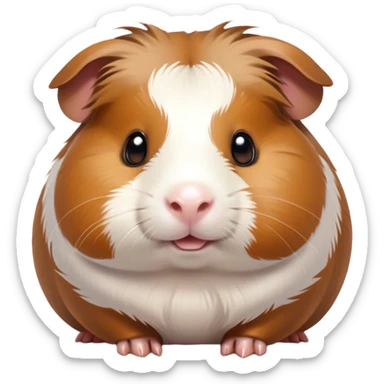 Cinematic Cute Brown and White Banded Guinea Pig Portrait Emoji, Head tilted playfully and inquisitively, showcasing a fluffy fur with playful brown and white banded patterns, round, sparkling dark eyes filled with curiosity, Simplified yet irresistibly adorable features, highly detailed, glowing with a warm, friendly glow, high shine, affectionate and spirited, stylized with a touch of whimsy, bright and endearing, soft glowing outline, capturing the essence of a mischievous yet loving guinea pig, so playful it feels like it could dash out of the screen and into your arms! sticker