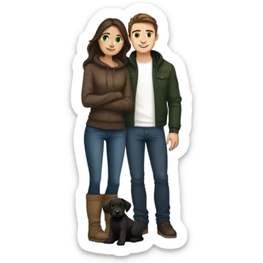 Spanish slim body brunette girl wearing Uggs next to a French guy brown hair, green eyes wearing hype outfit, chiseled jaw and with a black labrador pup sticker