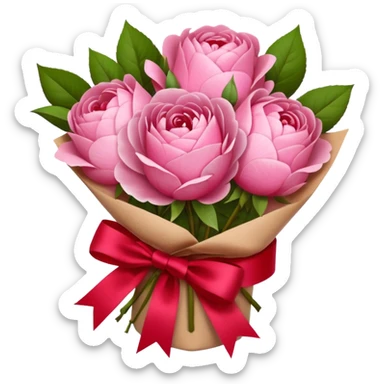 Bouquet of pink flower like rose and peony wrapped in kraft paper with red bow sticker