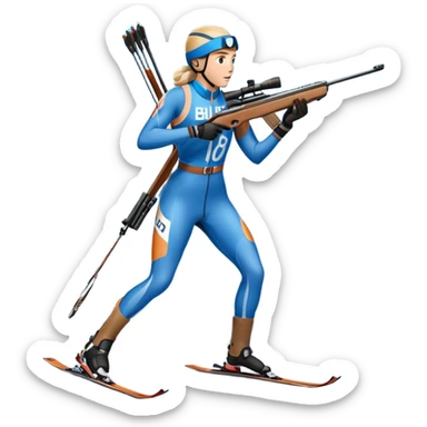 An icon featuring snow-covered trees, distant mountains, and a clear blue sky with a biathlete in motion, holding a rifle and skiing across a snowy course. Transparent background highlights the precision, endurance, and excitement of biathlon. sticker