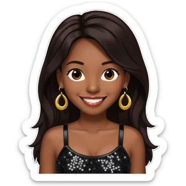 Chilli from TLC with long dark brown hair, black sequin crop top, black earring, dark skin sticker
