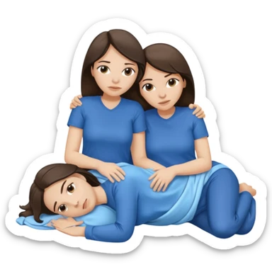 two white brunette women lying down full body on top of each other wrapped around each other one wearing a blue shirt they should be melting into each other sticker