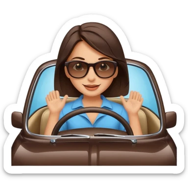 Brunette driving car like crazy. Happy face confidence  sticker