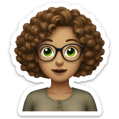 a woman with brown curly hair, green eye, big square glasses. Doing heart with her hand sticker