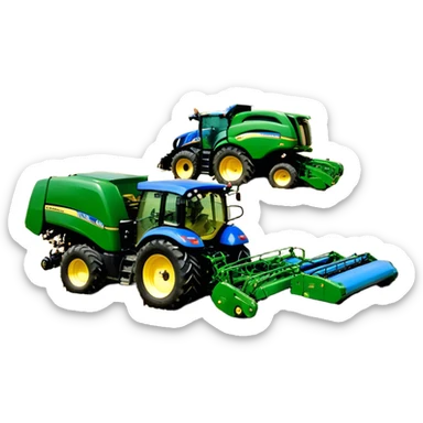 Baler – New Holland Roll-Belt 560 (2018) – Cinematic-realistic John Deere 6155M tractor towing a New Holland Roll-Belt 560 baler, its deep green body contrasting with the bright blue baler. The massive machine moves steadily through golden fields, compressing freshly cut hay into tight round bales, while dust swirls under the blazing afternoon sun. sticker