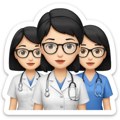 Genera emogis de 4 cuatro enfermeras de cabello negro, una con lentes sticker