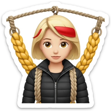 blond female emoji wearing a black down jacket, arms behind the back and ropes tying it sticker