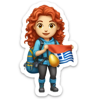 Female winter mountain climber red wavy hair climbing with Greek flag on backpack and holding Easter eggs basket sticker