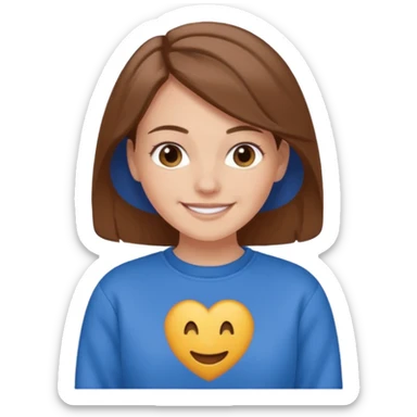 white woman with brown hair wearing a blue crewneck sweatshirt, happy sticker