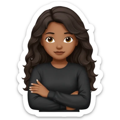 Hispanic girl with dark long wavy hair crossing her arms while pouting and wearing a black long sleeve shirt sticker