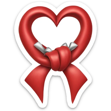 "A vibrant red bow with a silver hollow heart at the base of the bow's knot. The bow should have an intense red color, and the silver heart should be positioned at the center of the knot." sticker