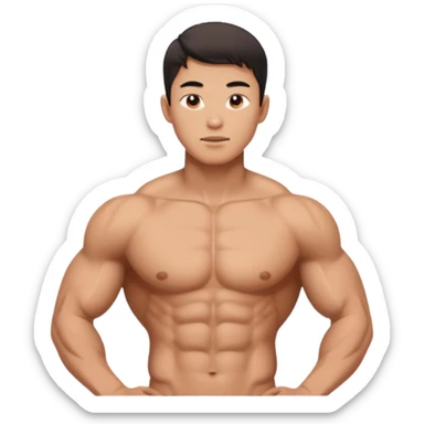 A standing buff shirtless asian guy with a really square jawline sticker
