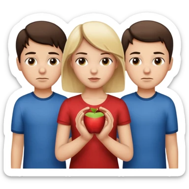 Apple iOS emoji style.
A girl holding hands with two boys at the same time,one boy si brunette the other blonde, one on each side.
The girl has a suspicious, guilty expression, slightly turned eyes.
The boys look neutral and unaware.
 smooth gradients, rounded shape sticker