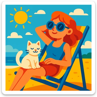 girl sitting in a beach chair with her cat, sunny summer day, vibrant toon style sticker