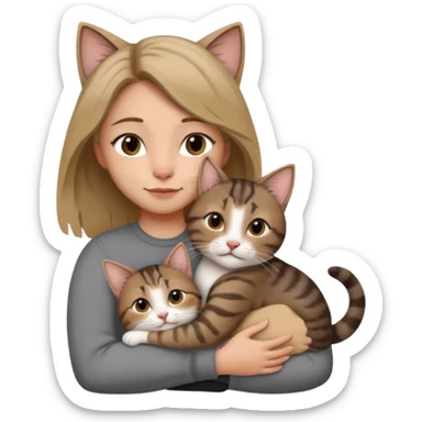 Une femme avec les cheveux dégradée, brun et blond, qui fait un câlin à son chat gris, tigré avec les extrémités que pattes pointe d’oreilles noires et le dessous du menton blanc la fille n’a pas d’oreilles, il n’y a qu’un seul chat sticker