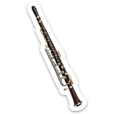Create an elegant and detailed emoji representing a black oboe with a reed. The design should showcase the sleek, dark wood finish of the oboe, with the metal keys clearly visible. The reed should be delicately placed at the top of the instrument, emphasizing its essential role in producing sound. Add subtle details like the silver or brass accents on the keys to reflect the high-quality craftsmanship of the instrument. Use deep black, silver, and wood tones for the oboe to capture its sophisticated appearance. The background should be transparent. sticker