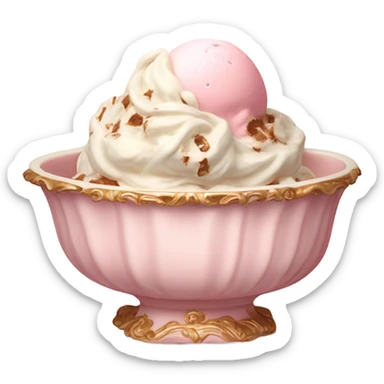 highly detailed vintage pale pink rococo bowl with ice cream sticker