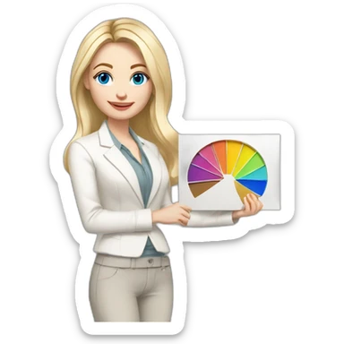pale skin woman interior designer with blonde middle length straight line hair, blue eyes, White classical jacket, Gray Palazzo pants holding a color palette in the hands sticker