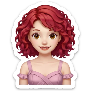 woman with shoulder length curly cherry red hair with brown eyes and pale skin smiling. pastel dress sticker
