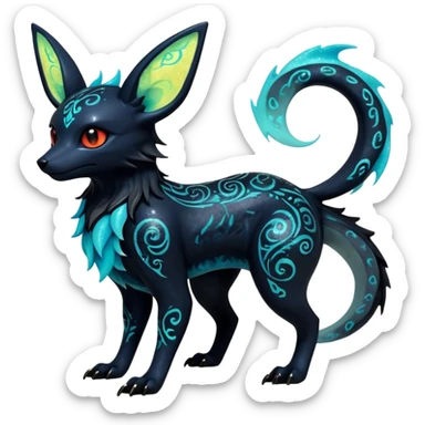 Shiny Fiery Dark Ugly Evil Realistic Glowing Eldritch Horror Cool Edgy Badass Emo Glorious Demonic Batty Dusky Ethereal Sparkly Shimmering Magical Punky Aural Iridescent Fluorescent Bioluminescent Umbreon-Amaura-Salandit-Noibat-Flareon-Fakémon-fusion (full body) with intricate pattern markings sticker