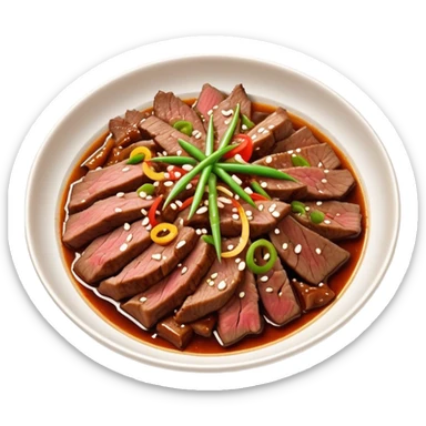 Bulgogi Cinematic Realistic Bulgogi Dish Emoji, depicted as thinly sliced, marinated beef stir-fried to perfection, rendered with dynamic textures and vibrant, appetizing lighting. sticker