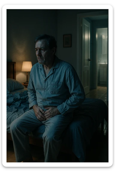 A nighttime scene inside a dimly lit bedroom. A man in his 50s sits stanco sul bordo del letto, con lo sguardo perso nel vuoto, mentre una luce fioca proviene dalla lampada sul comodino. Indossa un pigiama spiegazzato, e si tiene leggermente la zona bassa dell’addome. Dietro di lui, il letto è visibilmente disfatto, segno di sonno interrotto. Una porta socchiusa sullo sfondo mostra la luce accesa in bagno, con il pavimento riflettente che indica i numerosi passaggi notturni. Il tono è cupo ma realistico, con colori freddi, blu e grigi, e un leggero bagliore lunare che filtra dalla finestra. Stile: 35mm film, profondità emotiva, dettaglio ambientale. in italiano sticker