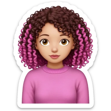 Uma menina negra da pele clara magra definida com roupa de malha rosa com cabelo cacheados  castanho escuro grandão até a bunda sem muito volume no cabelo sticker
