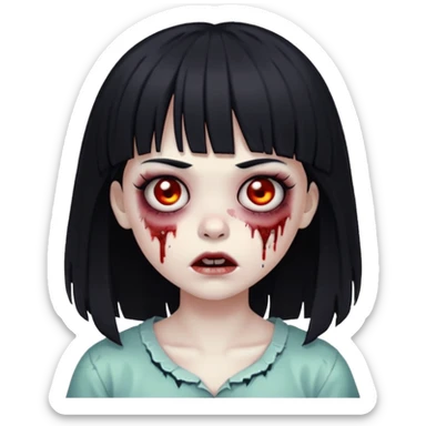 Make a zombie girl with black eyes and black hair with bangs sticker