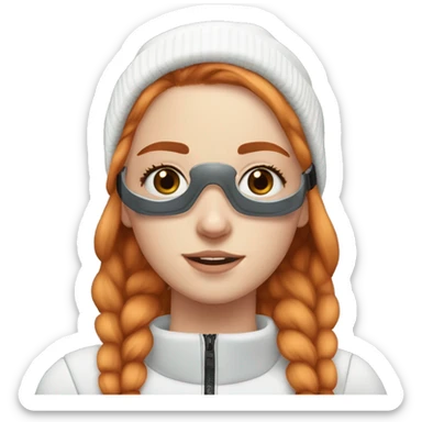 White fair skin, straight plain hair, ginger coloured hair, grundge aesthetic, beautiful face, ski goggles on her hair sticker