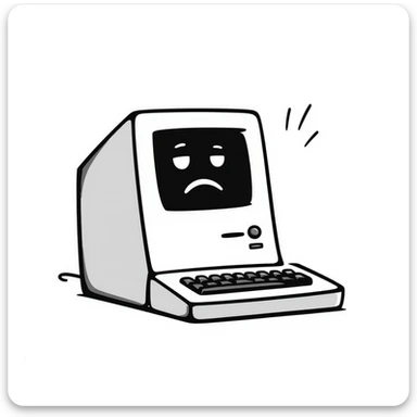 Pixel art style old Macintosh computer with a sad glitchy face on the screen, simple monochrome linework sticker
