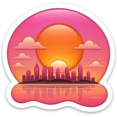 “Simple sunset emoji 🌇 in clean 3D style, smooth rounded shapes, warm orange-pink sky, glossy shiny surface, soft studio lighting, cute emoji look, minimal city silhouette, no text, no shadow, no background (transparent), high-quality 3D render.” sticker